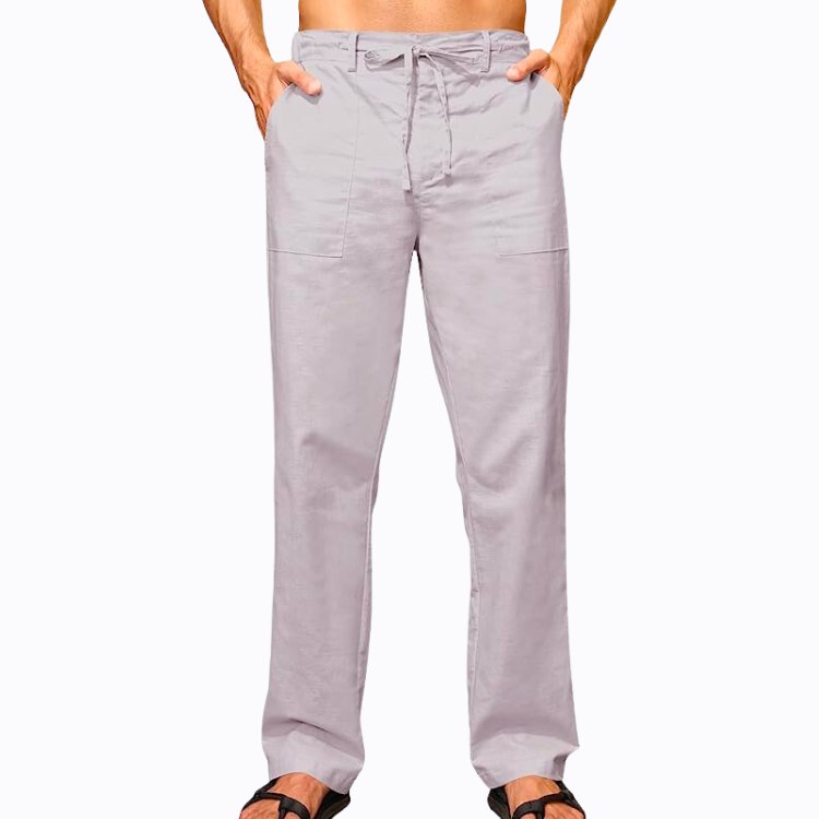 Mens Casual Linen Pants Loose Fit Straight Legs Elastic Waist Trousers Summer Beach Yoga