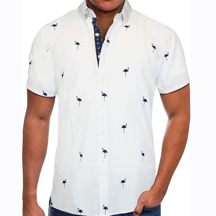 Mens Slim Fit Short Sleeve Button Down Polo Tech Stretch Printed Shirt